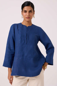 Oceania Ink Blue Linen Top