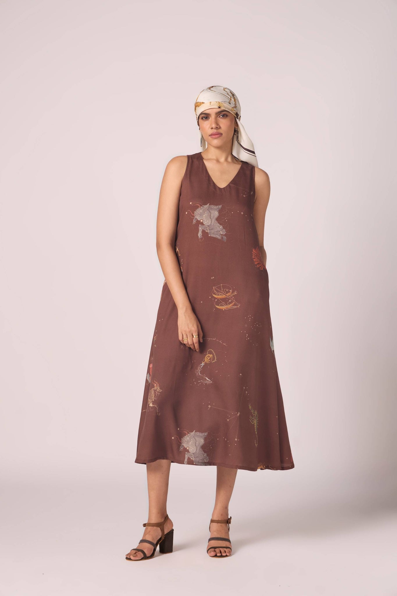 Saira Brown Zodiac Print Maxi Dress