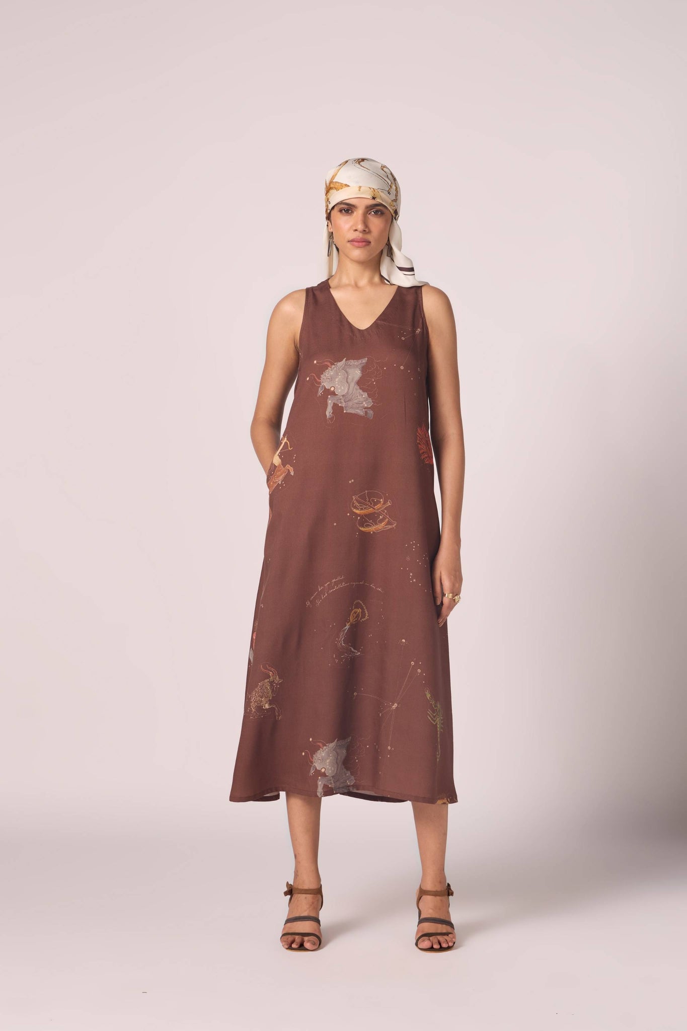 Saira Brown Zodiac Print Maxi Dress