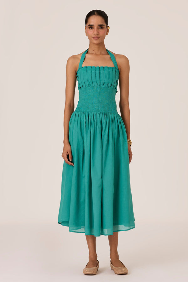 Aisha Cyan Pleated Midi Dress