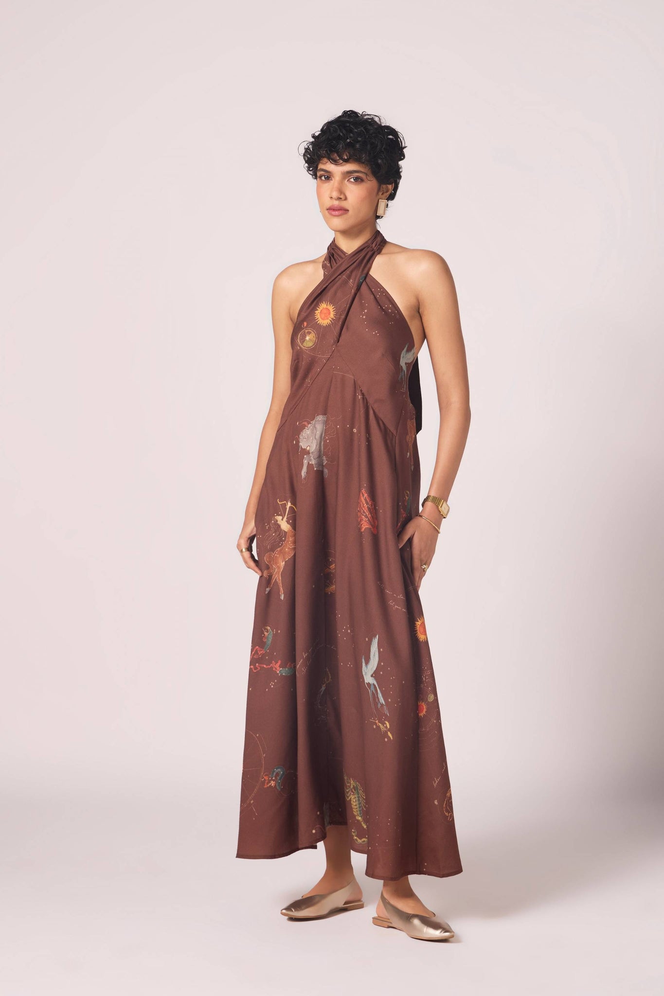 Vannam Brown Zodiac Print Halter Dress