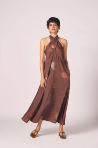 Vannam Brown Zodiac Print Halter Dress