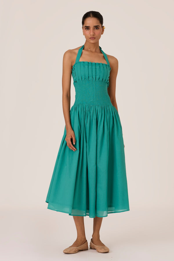 Aisha Cyan Pleated Midi Dress