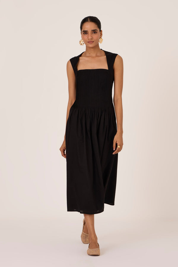 Ziva Black Pleated Midi Dress