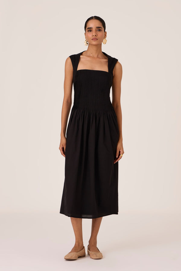 Ziva Black Pleated Midi Dress