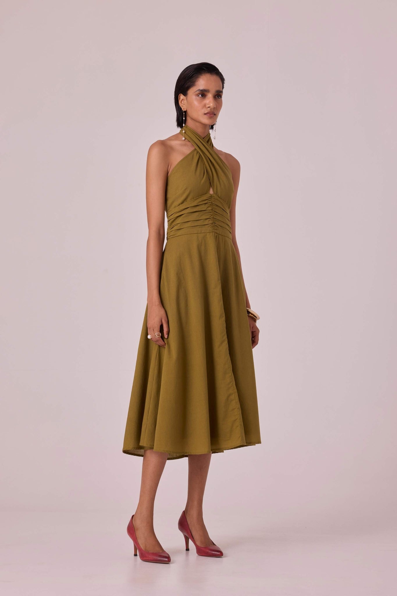 Samaria Olive Halter Dress