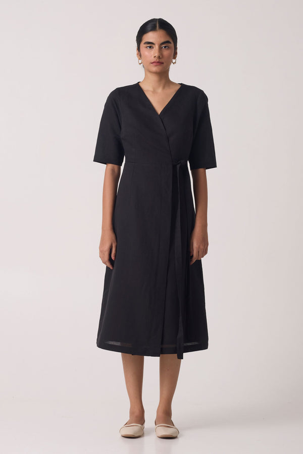 Arandi Black Wrap Dress with Sleeves