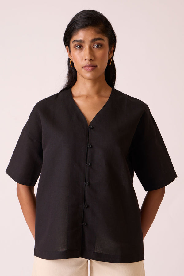 Yuko Black Linen Cotton top