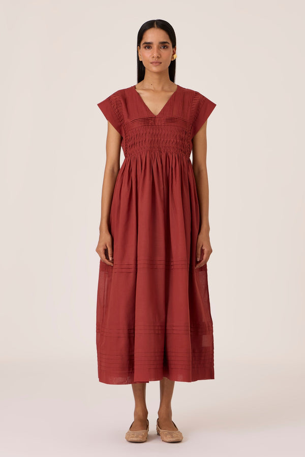 Aelia Umber Pleated Midi Dress