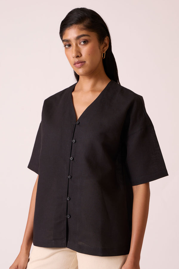 Yuko Black Linen Cotton top