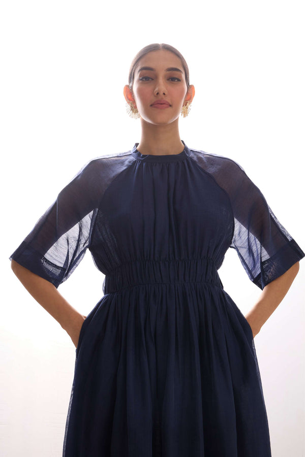 Arha Navy Ruched Handwoven Dress