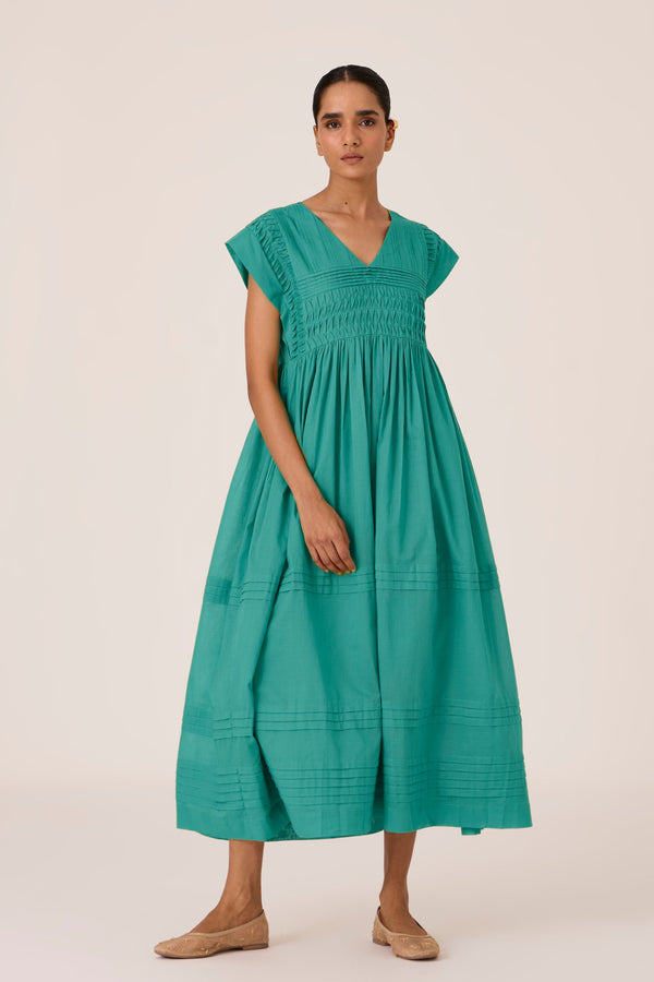 Aelia Cyan Pleated Midi Dress