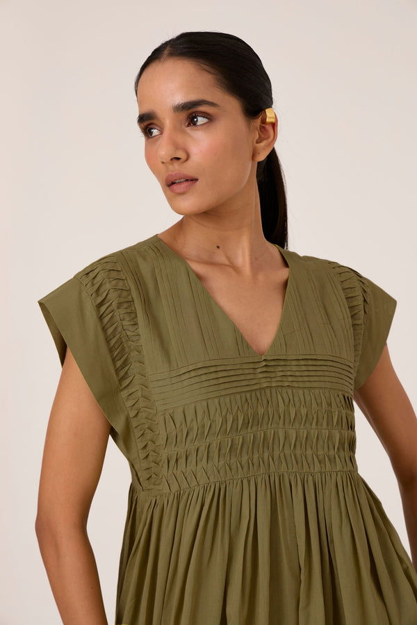 Aelia Olive Pleated Midi Dress