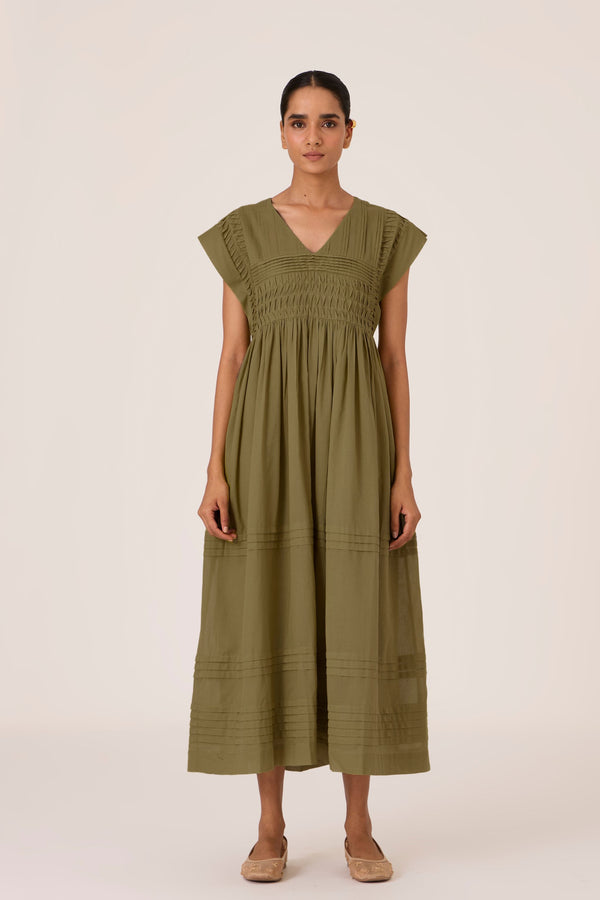 Aelia Olive Pleated Midi Dress