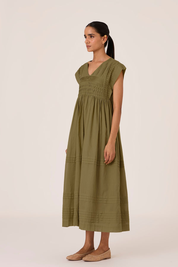 Aelia Olive Pleated Midi Dress