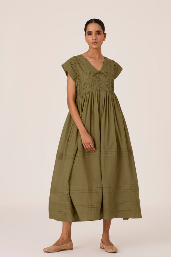 Aelia Olive Pleated Midi Dress