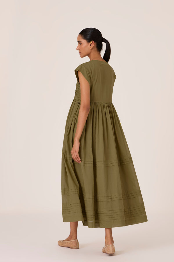 Aelia Olive Pleated Midi Dress