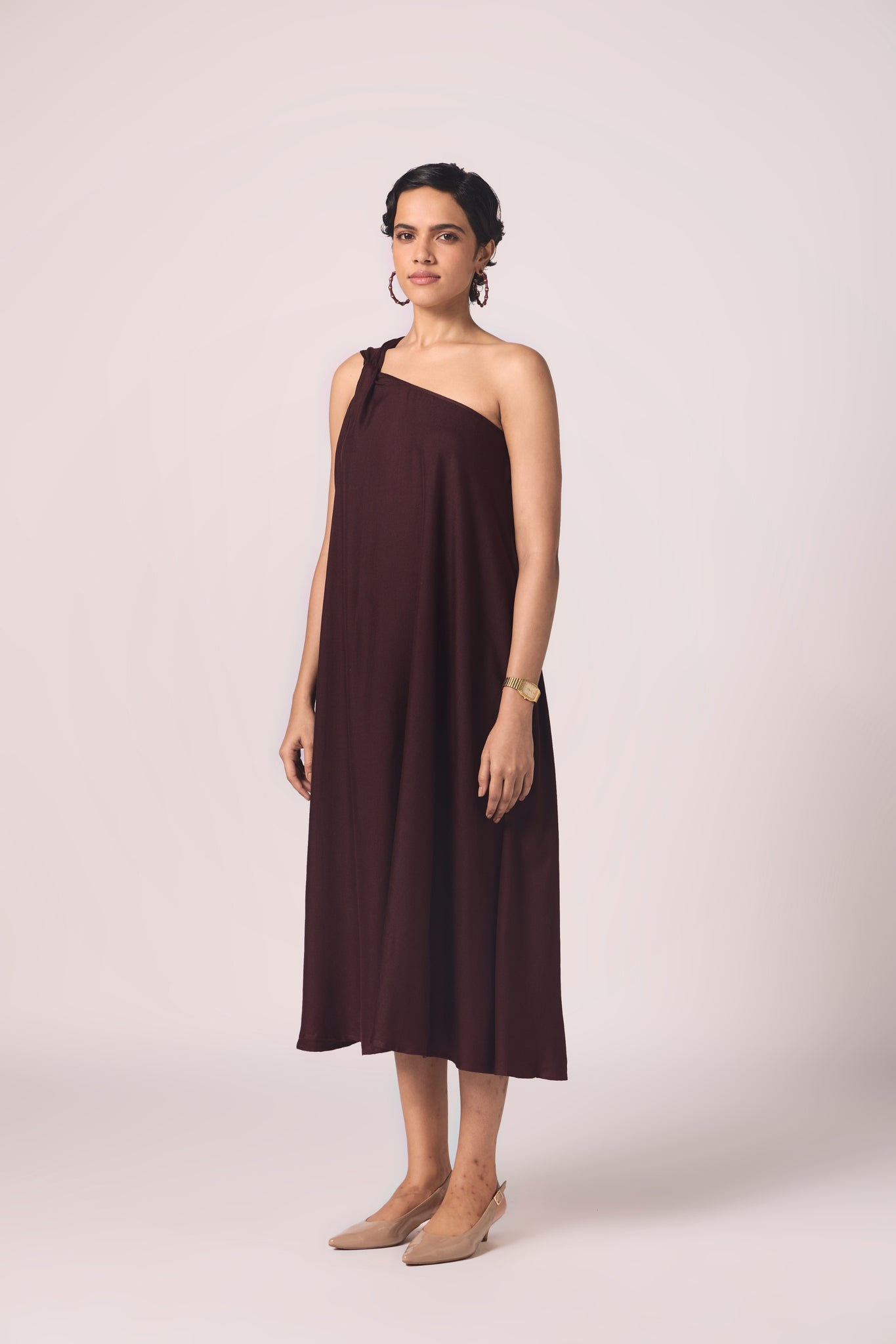 Izar Wine Silk One Shoulder Dress