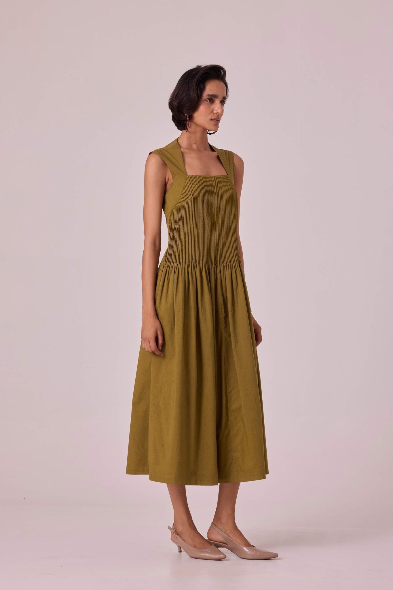 Ziva Olive Pleated Midi Dress