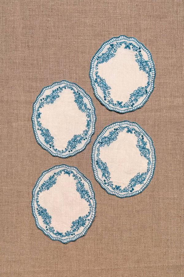 Blue Embroidered Cotton Coasters - Set of 2