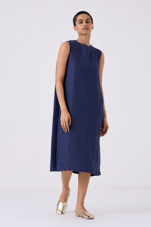 Noj Indigo Weave Linen Midi Dress