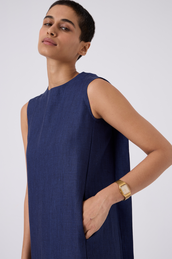 Noj Indigo Weave Linen Midi Dress