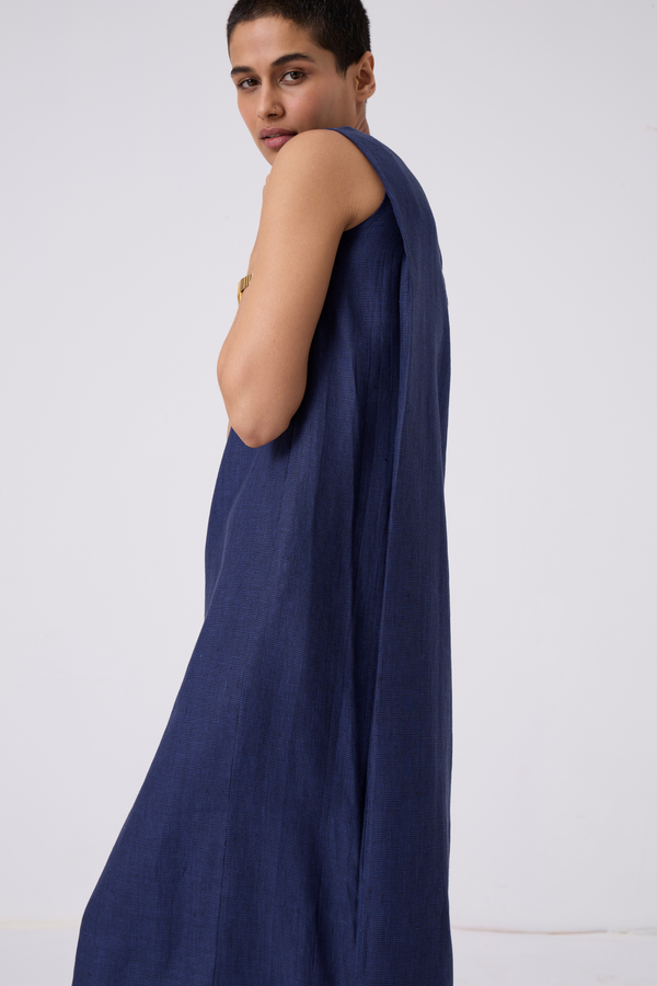 Noj Indigo Weave Linen Midi Dress