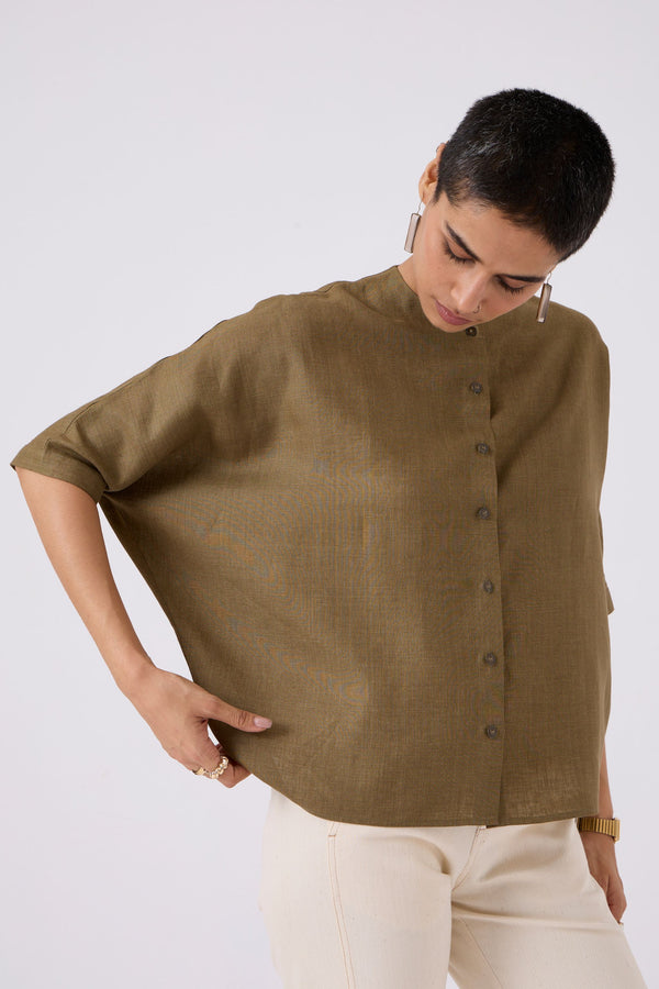 Olive Linen Dolman Sleeve Shirt