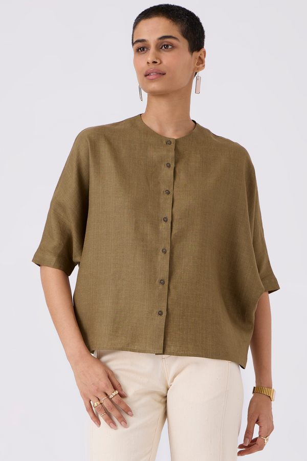 Olive Linen Dolman Sleeve Shirt