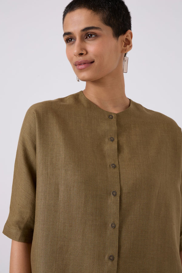 Olive Linen Dolman Sleeve Shirt