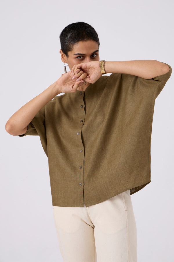 Olive Linen Dolman Sleeve Shirt