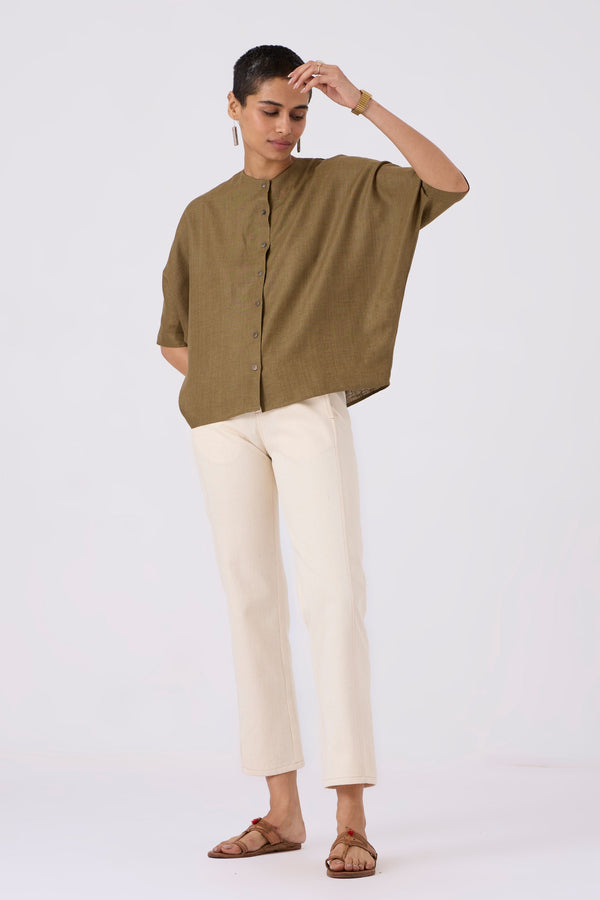 Olive Linen Dolman Sleeve Shirt