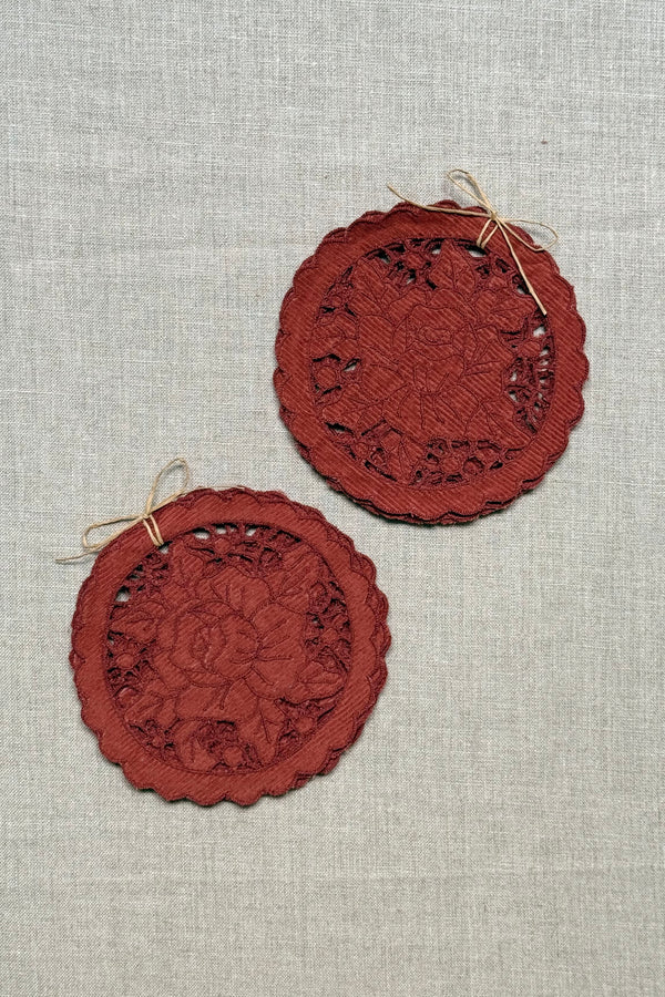 Maroon Cutwork Corduroy Coasters - Set of 2