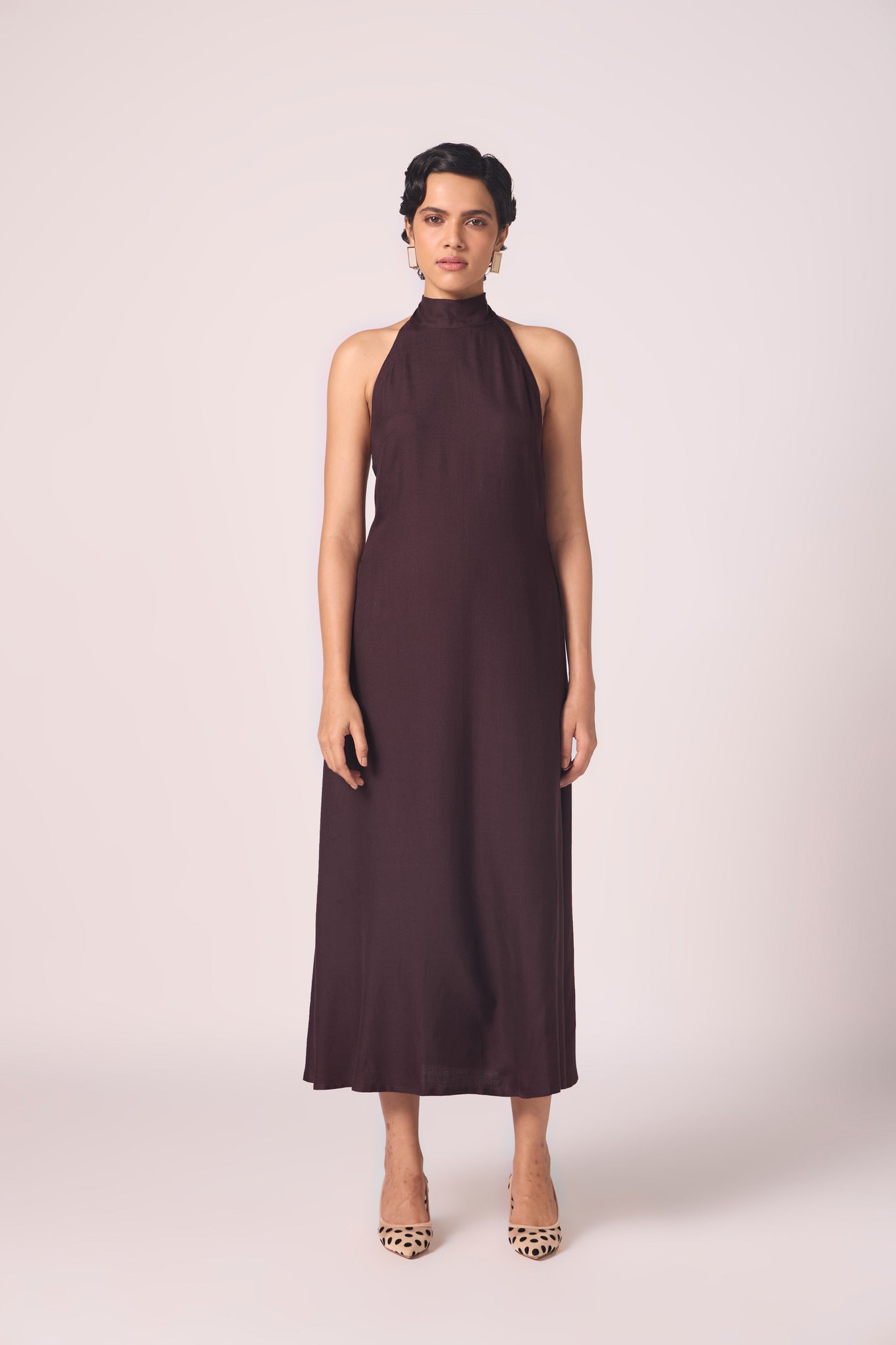 Saros Wine Silk Halter Dress