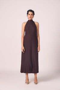 Saros Wine Silk Halter Dress