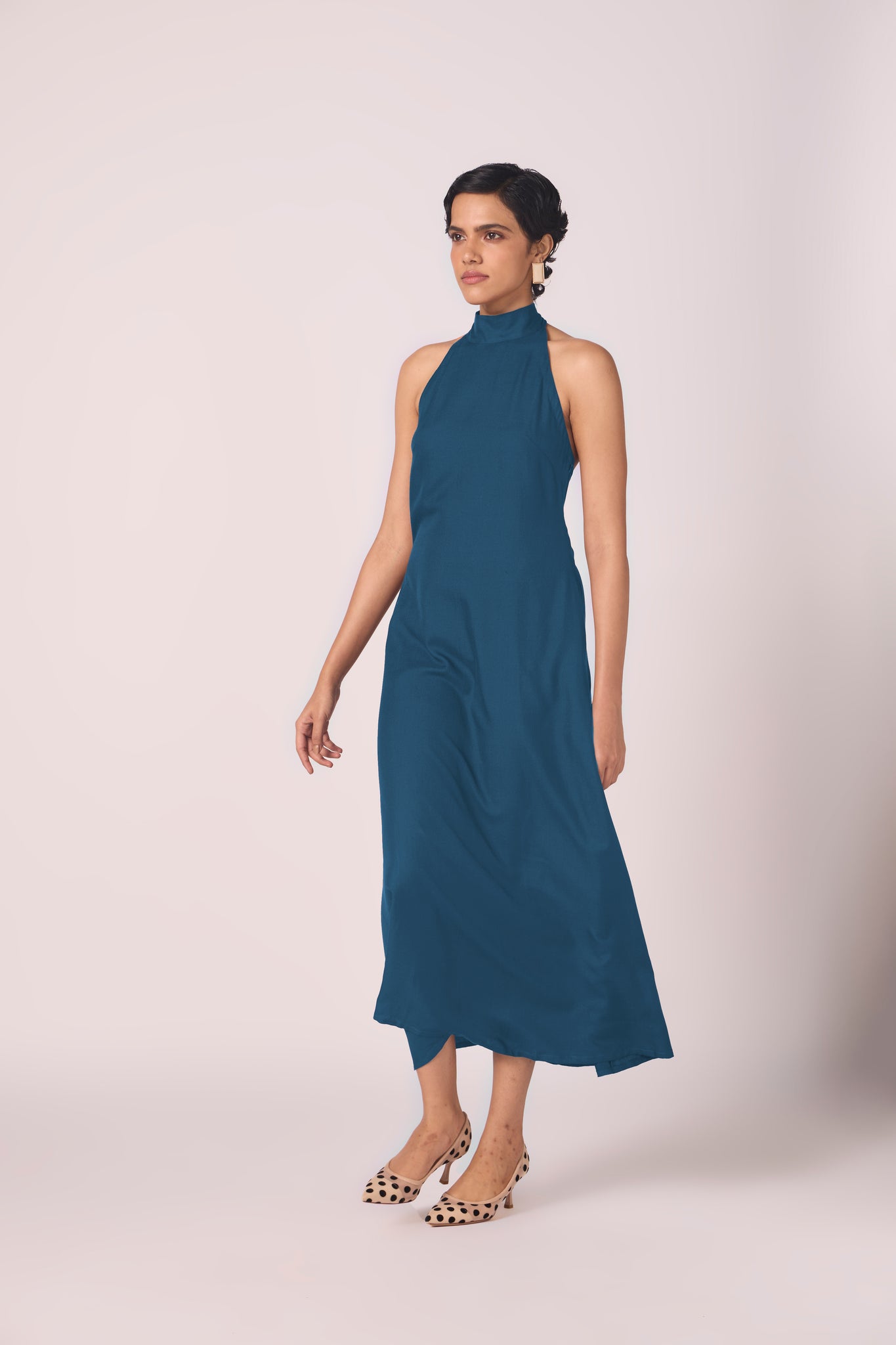 Saros Blue Silk Halter Dress
