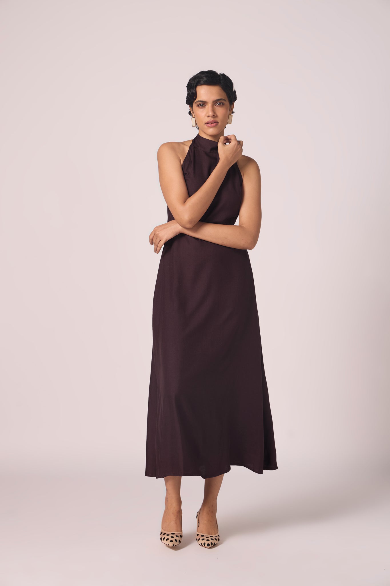 Saros Wine Silk Halter Dress